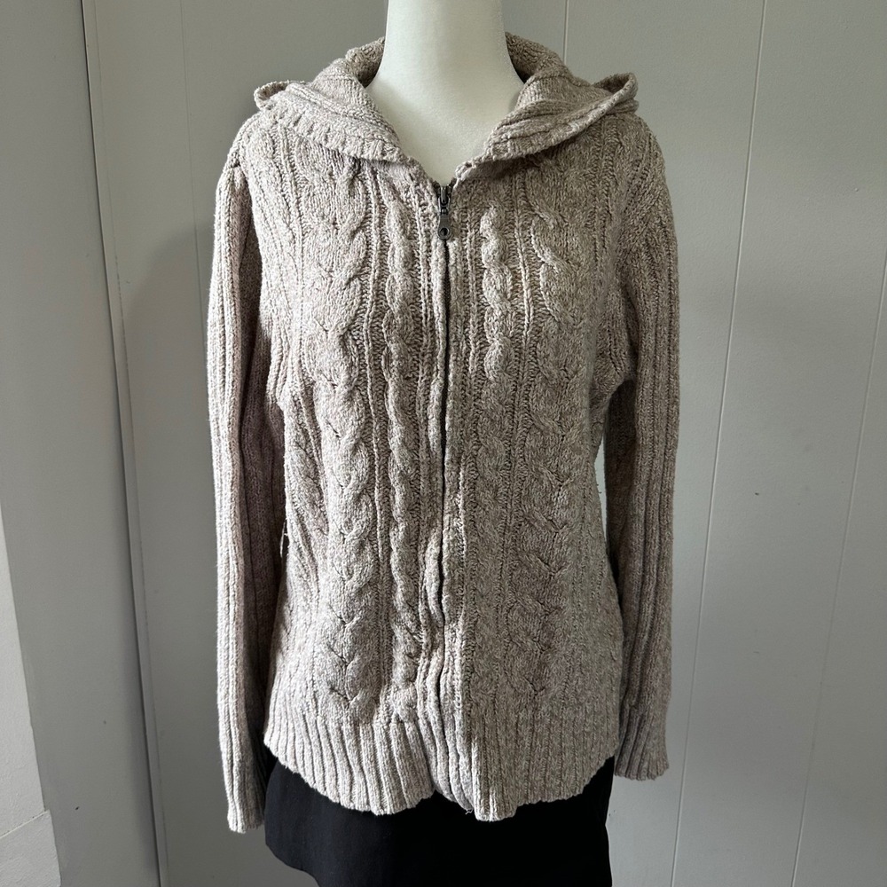 Ounce Women Tan Cable Knit‎ Full Zip Hoodie Sweater Size L